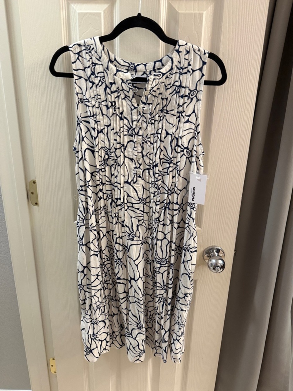 Sonoma Navy and Cream Sleeveless Pleated Midi Dress